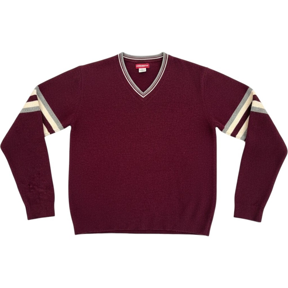 Unionbay Mens Small Burgundy 100% Lambswool Vintage Varsity Stripe Sweater